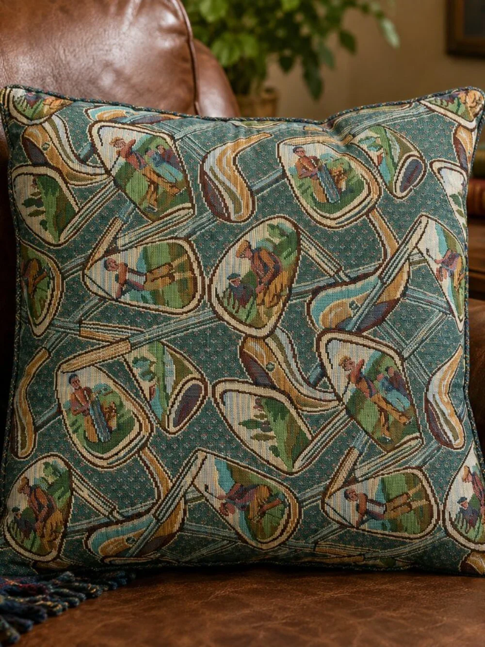 Vintage Golf Tapestry Throw Pillow Golfer Golf Clubs Green Square 18”